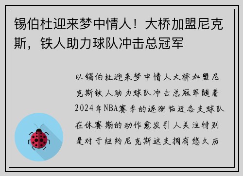 锡伯杜迎来梦中情人！大桥加盟尼克斯，铁人助力球队冲击总冠军